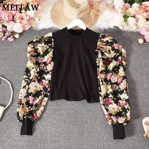 2021 Spring Floral Print Blouse Shirt Korean Women Patchwork Pullover Tops Casual Puff Sleeve O-Neck Lady Shirts