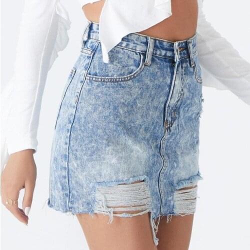 Womens Washed Mini Denim Skirt 2021 New High Waist Distressed Ripped Snowflake Fringed Hole Bag Hip Skirt Short Skirt Clothing