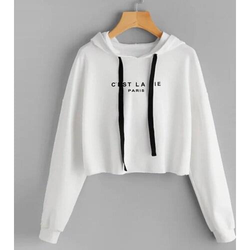 New Spring and Autumn Womens Hoodie Fashion Loose Print Drawstring Short Pullover Outdoor Leisure Sports Long-sleeved Top