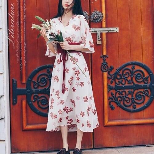 Summer Spandex Womens Dress V-Neck Middle Sleeve Pullover Sashes Floral Print Fashion Casual Dress