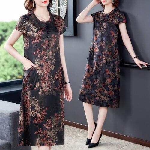 Summer Vintage Floral Real Silk Loose Beach Midi Dress 2021 Female 4XL Plus Size Printed Sundress Elegant Bodycon Party Vestidos