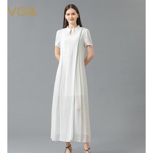VOA Silk White Pointy Stand Collar Short Sleeve Blue Bright Line Decorative Literary Big Pendulum Womens Summer Dress AE930