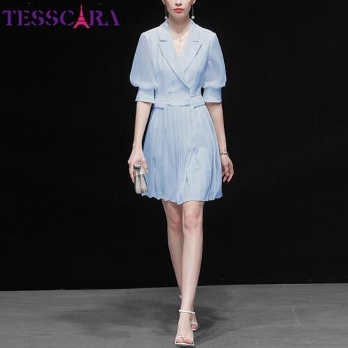 TESSCARA Women Summer Elegant Blazer Dress Festa High Quality Office Cocktail Party Robe Femme Vintage Designer Pleated Vestidos
