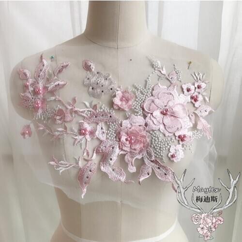 1 Piece 28*33cm 3D Bead Pink Florals Lace Applique Heavy Embroidered Motif Pearl Lace Patch