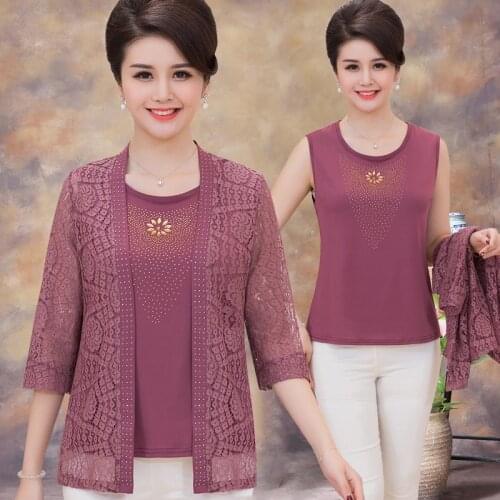 2Pcs/Set Spring Fall Plus Size Mother Tops Clothing Diamond Sleeveless Women Vest + Lace Cardigan Femme Camisetas Mujer