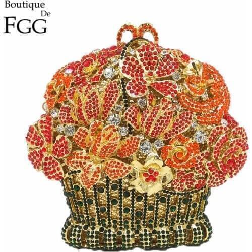 Bouotique De FGG Flower Crown Shape Women Red Crystal Evening Bag Minaudiere Handbags Purses Bridal Party Diamond Metal Clutches