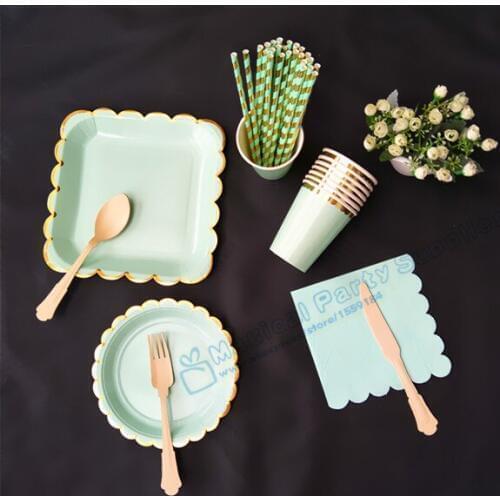16 sets Mint Green Gold Party Tableware Paper Plates Dishes Cups Napkins Drinking Straws for kids Birthday Bridal Shower Party