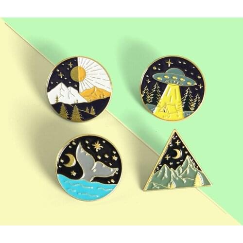 Landscape Painting Enamel Lapel Pins UFO Mountain Whale in Sea Brooches Backpack Badge Gifts for Friends Custom Jewelry