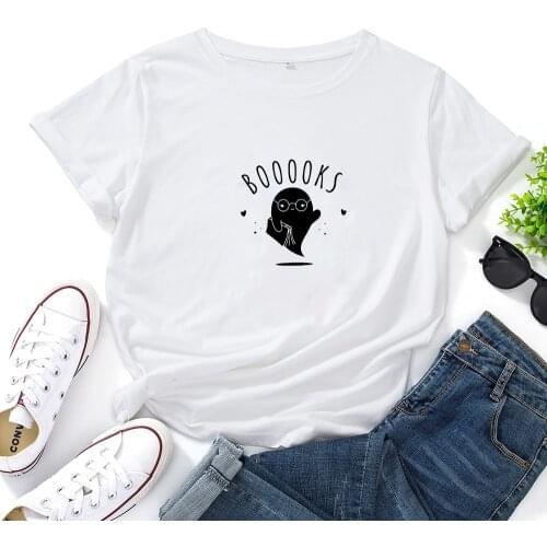 Booooks Ghost T-shirt Woman Funny Halloween Gift Tshirt for Women Teacher Cute Womens Graphic Book Reading Tee Top