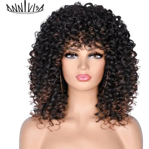 14inch Short Synthetic Afro Kinky Curly Wig With Bangs For Black And White Women Glueless Natural High Temperature Hair Annivia