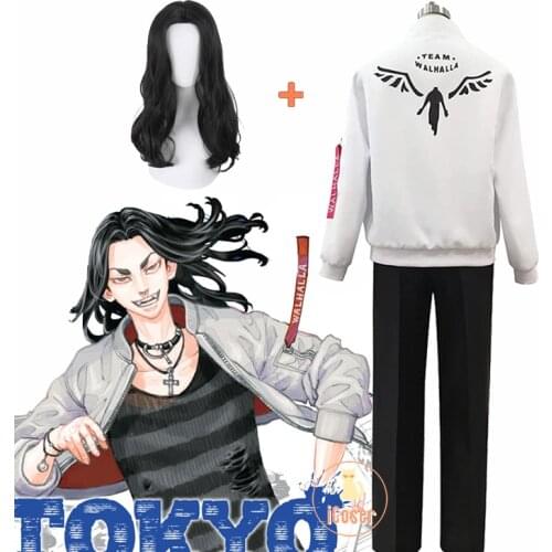 Anime Tokyo Revengers Baruhara Valhalla Keisuke Baji Gang Uniform Kazutora Hanemiya Cosplay White Jacket Costume Pants Black Wig