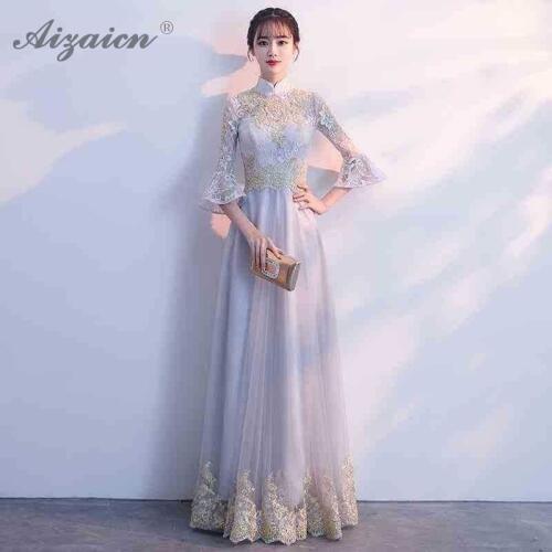 Gray Bride Lace Long Cheongsam Dress Chinese Traditional Wedding Gowns 2019 Fashon Modern Qipao Horn Sleeve Girl Party Dresses