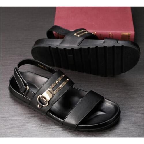 Summer Men Sandals Flat heel Leisure Shoes Open toe Cow leather Mens Gladiators