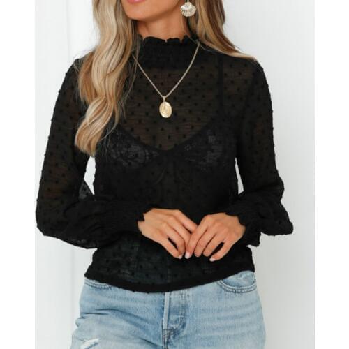 Summer Fashion Black Polka Dot Sheer Mesh Tulle Top See-Through Long Sleeve Blouse