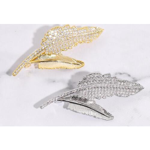 Zhijia trendy golden silver leaf rhinestone zircon pins brooches for women jewelry gifts accessories
