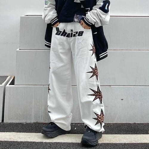 Mens Straight Trousers Star Leopard Pattern Embroidery Hip-hop Casual Long Pants
