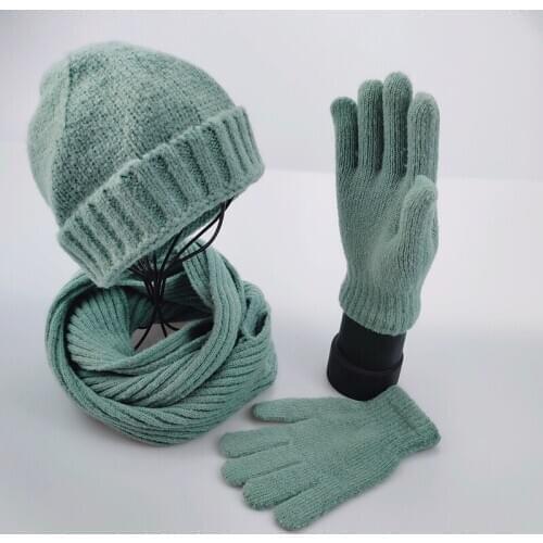VISROVER one set unisex Autumn winter solid color matched acrylic beanies snood gloves cashmere unisex Warm cap scarf gloves