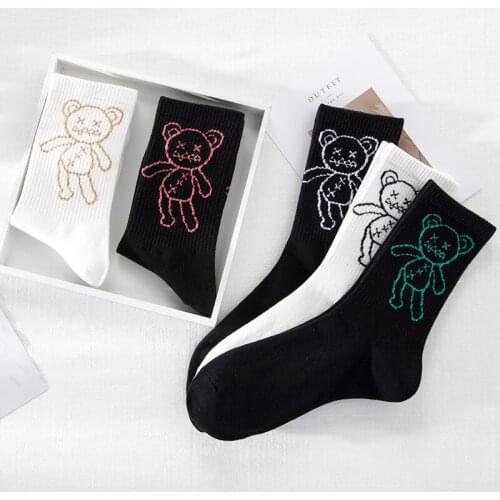 Girls Socks Kawaii Big Bear print Cartoon White Black Casual Funny Socks Fine Cotton Knitting Calcetines Skarpetki Korean Meias