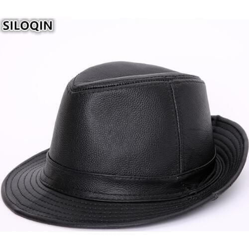 SILOQIN New Winter Mens Genuine Leather Fedoras Hat Cowhide Leather Womens Jazz Hats Classic Retro Elegant Fashion Brand Cap