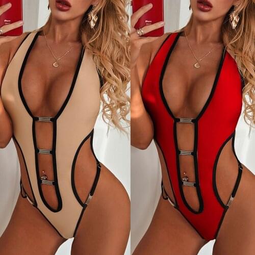 2021 new ladies swimsuit one-piece summer beach sports sexy swimsuit solid color metal buckle bikini