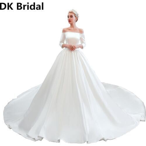 New Fashion Simple 2019 Wedding Dresses Satin Three Quarter Sleeve Boat-Neck Elegant Plus size Vestido De Noiva Bride Dress