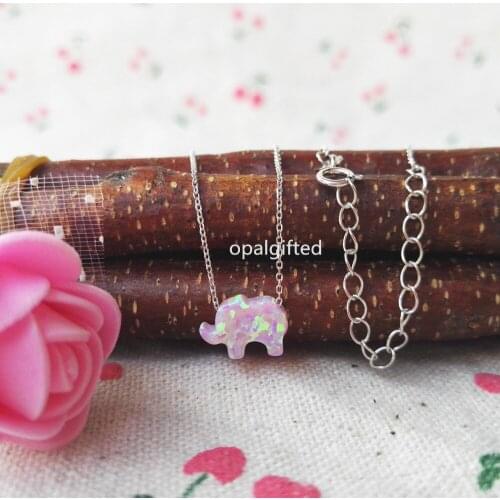 1pc/lot)Synthetic OP08 Pink Opal Elephant Pendant Necklace Cute Animal Charm o Chain Quality Sterling Silver Necklace For Women