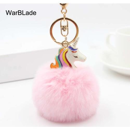 WarBLade Pompom Unicorn Keychain Women Car Bag Key Ring Artificial Fluffy Rabbit Fur Ball Key Chain Porte Clef Christmas Gift