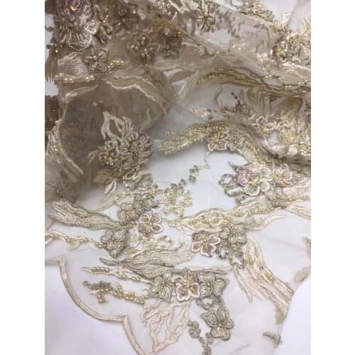Luxury and high class L-10472 embroidered Tulle Lace Fabric with beads for fashion dress