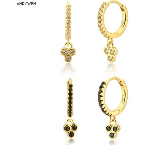 ANDYWEN 925 Sterling Silver Three Zircon Drop Earring Mini Small Piercing Ohrringe Pendiente European Circle CZ Zircon Jewelry