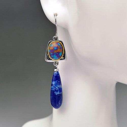 Bohemian Teardrop Turquoises Geometric Drop Dangle Earrings for Women Navy Blue Tribal Ethnic Chandelier Bar Pendant Jewelry