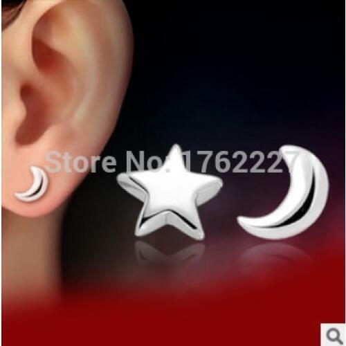 Mixed batch of classic fashion 925 sterling silver jewelry exquisite asymmetric moon and stars earrings women Free Shipping