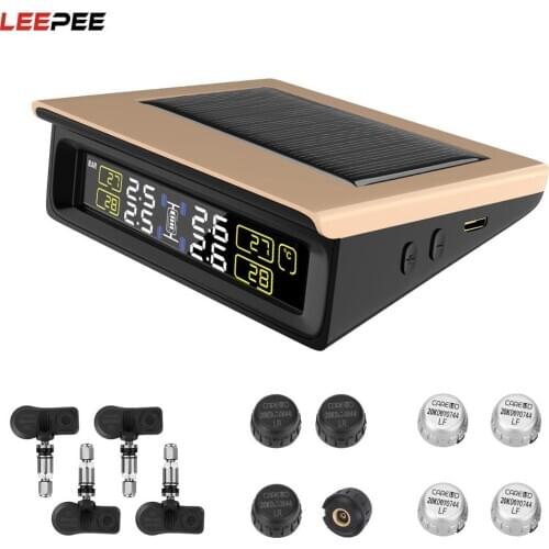 Solar Power LCD Display TPMS Tyre Pressure Monitoring System with 4 Internal/External Sensor PSI/BAR Mode Replaceable Battery