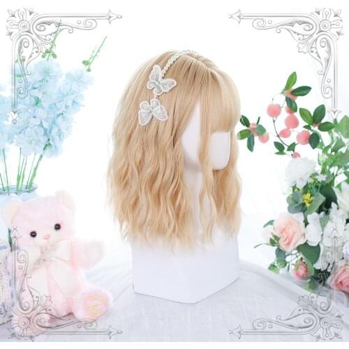 Light Blonde Lolita Wig Women Harajuku 35cm Long Curly Wavy Hair Cute Bangs Adult Chic Girls Cosplay Daily Wear
