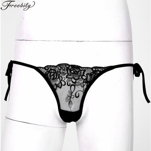 Breathable Men Lace G-String Underwear Seamless See-through Mesh Embroidered Thongs Low Waist Lace-Up Sissy Underpants T-Back