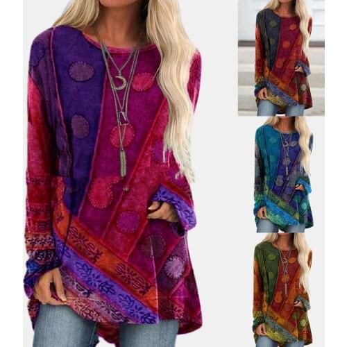Retro Ethnic Print Patchwork Women T-Shirts Autumn Long Sleeve Tees for Women O NeckTunic Top Pullover Women Tshirt Top