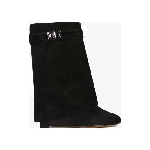 Beige Suede Shark Lock Boots Pointed Toe Height Increasing Womens Ankle Winter Runway Boots Size 10 Sexy Woman Ankle Boots