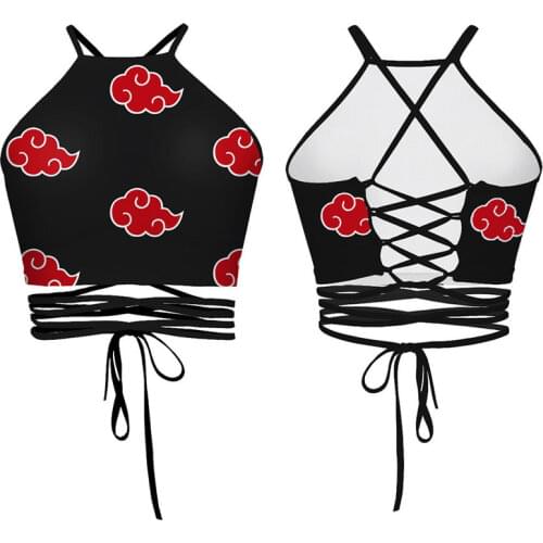 Anime Red Cloud Vest Cosplay Costume Print Crop Top Navel Bare Vest Stylish Woman Lace-up Camisole Top