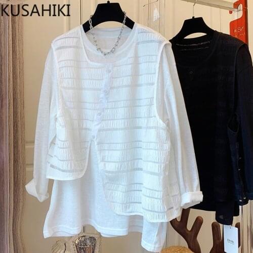 KUSAHIKI Causal Two Pieces Women Sets Folds Irregular Vest + Long Sleeve O-neck T Shirts Korean 2021 Autumn New Tops 6Z534