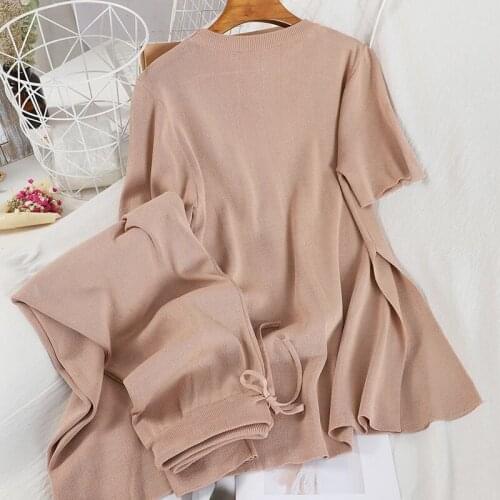 2021 Summer Lce Silk Knitting Suit Women Short Sleeve Top Long Wide Leg Pants Two Piece Set Fashion