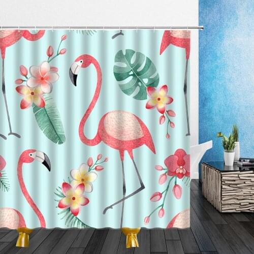 Animal Shower Curtains Pink Flamingo Tropical Plant Pattern 3D Waterproof Polyester Cloth Bathroom Decor Curtains With Hooks