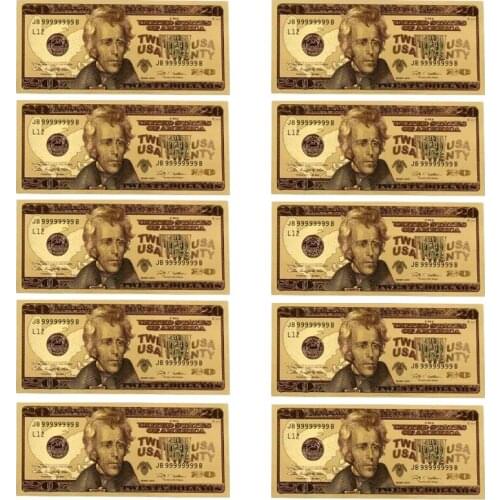 10pcs/lot USA 20 Dollar Gold Foiled Platsic Banknote Bill Fake Money United States OF America Replica Coin Souvenirs Drop Ship
