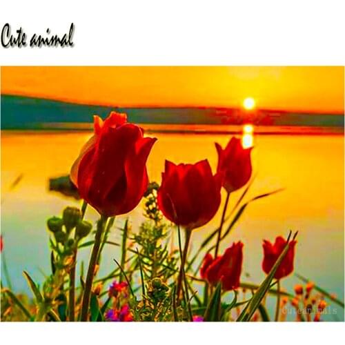Diamond Embroidery Red rose flower sunset scenery 5D DIY Diamond Painting Full Drill Square round Rhinestone Mosaic Needlework