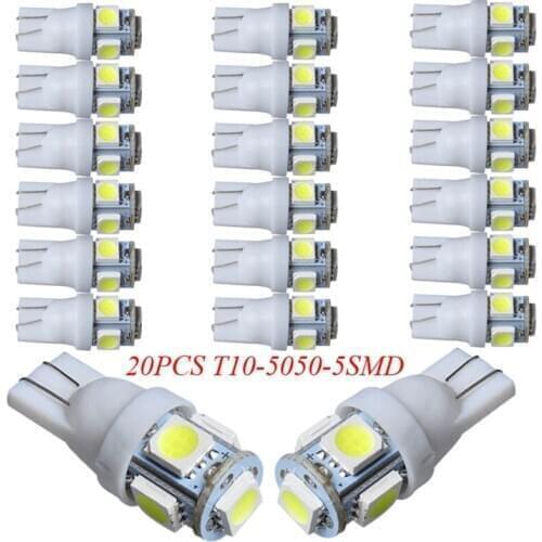 20Pcs White T10 W5W 5050 5SMD 168 194 192 DC 12V License Plate Led Bulbs For Car Interior Lights Reading Light Trunk Light Bulb