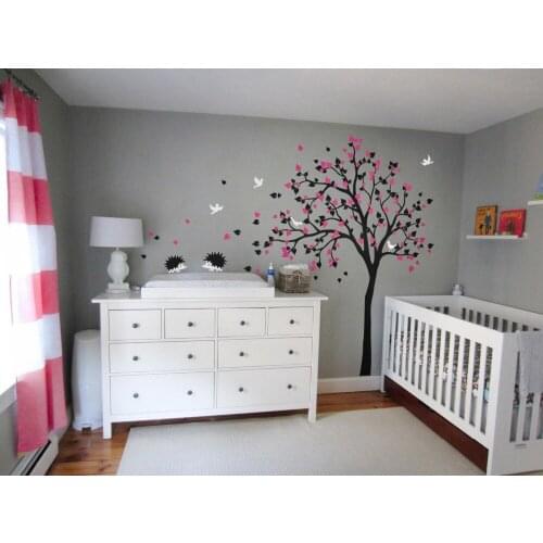 Morden Style Baby Kids Room Art Decorative Vinyl Nursery Tree Wall Sticker Falling Blossoms Cute Hedgehods Birds Tree Decal T-9