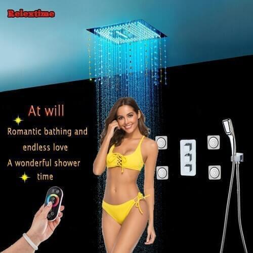 Crystal Quartz LED Ceiling Rainfall Shower Set Massage Spray Mist Bathroom 5 Way Concealed Install Thermostatic Shower Faucet