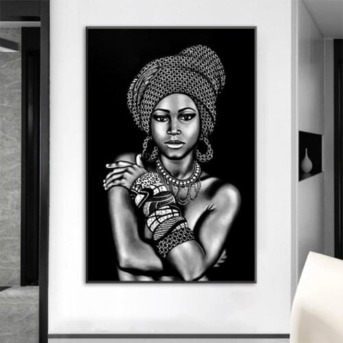 African Woman Portrait Canvas Painting Black White Wall Art Women Picture Posters and Prints Living Room Home Wall Decor Cuadros