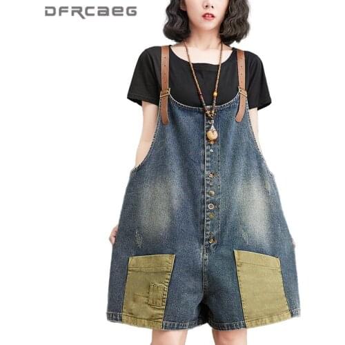 Patchwork Vintage Short Jumpsuit Denim Pants Woman 2021 Summer Loose Wide Leg Rompers Female Jeans Overalls