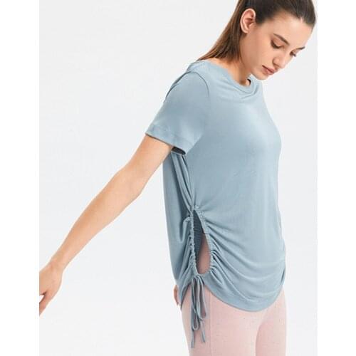 Summer Women Gym Side Drawstring Sport Shirt Quick Dry Running Tops Short Sleeve Thin Fitness Crop Tops Loose Yoga Sportswear