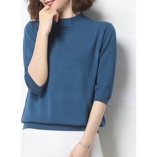 LJSXLS Spring Autumn Casual Half High Collar Women Basic Sweater Three Quarter Sleeve Mother Knitted Pullovers Female Tops 2021
