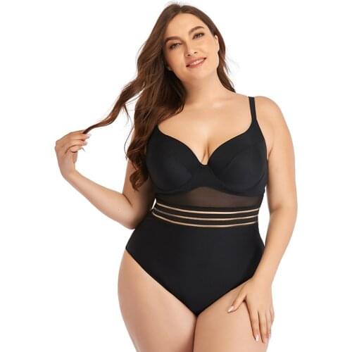 2021 New Ladies Swimsuit Plus Size Swimsuit Female One-piece Plus Fat Mesh Hollow Plain Sexy Bikini Hot Spring Swimsuit